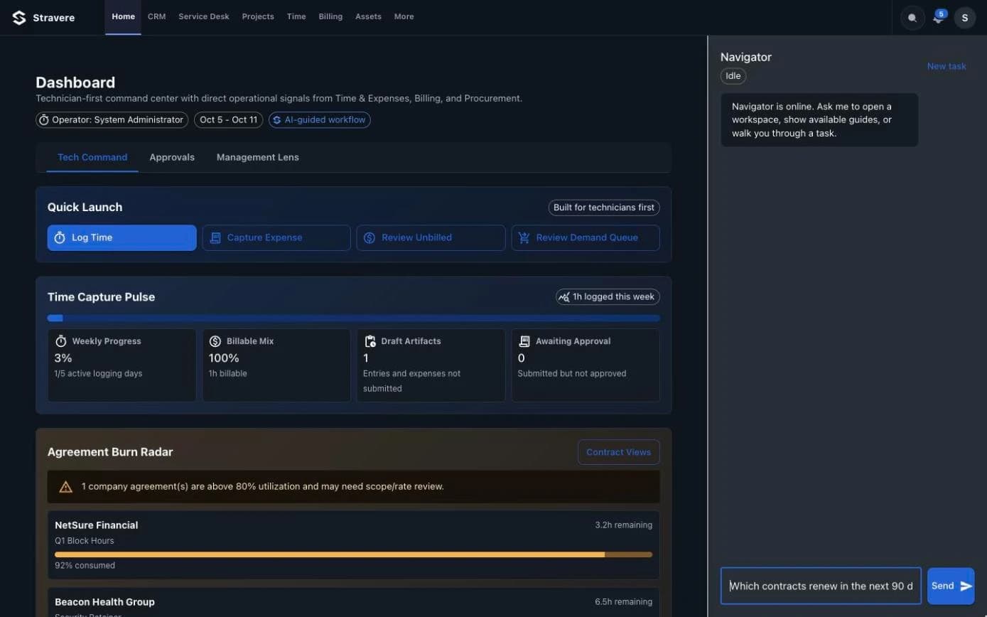 A question typed into the Navigator rail on the Stravere dashboard